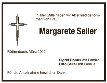 Traueranzeige von Margarete Seiler von Pegnitz-Zeitung